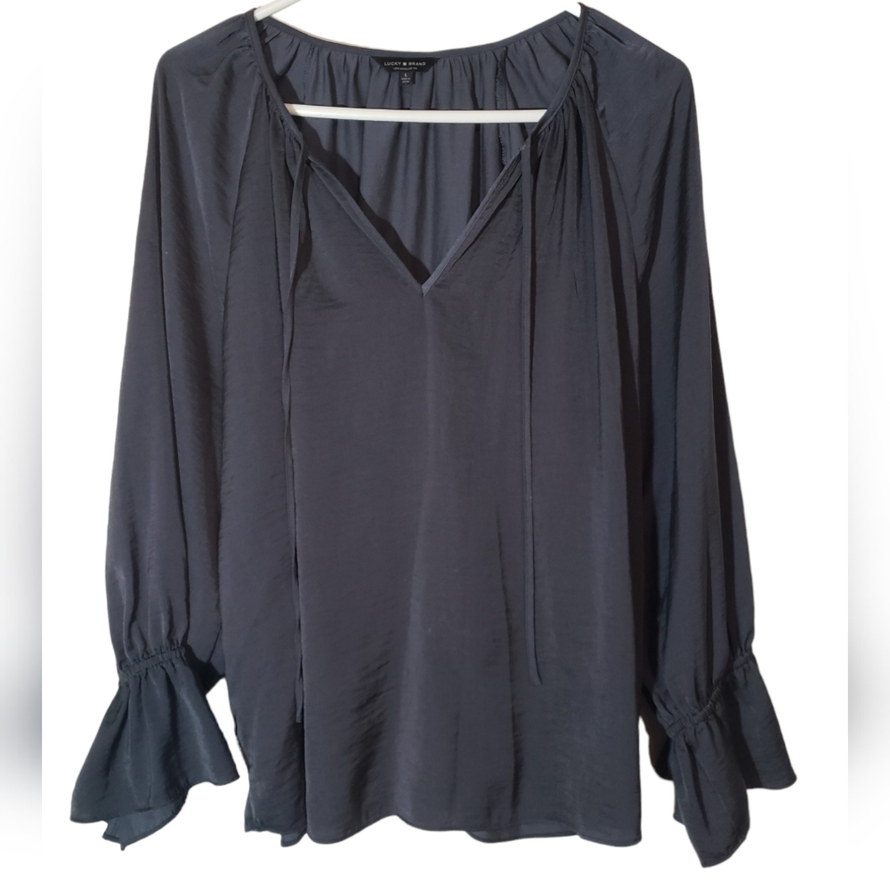 Lucky Brand Gray V Neck Peasant Blouse Bell Sleeves Flowy Size Large